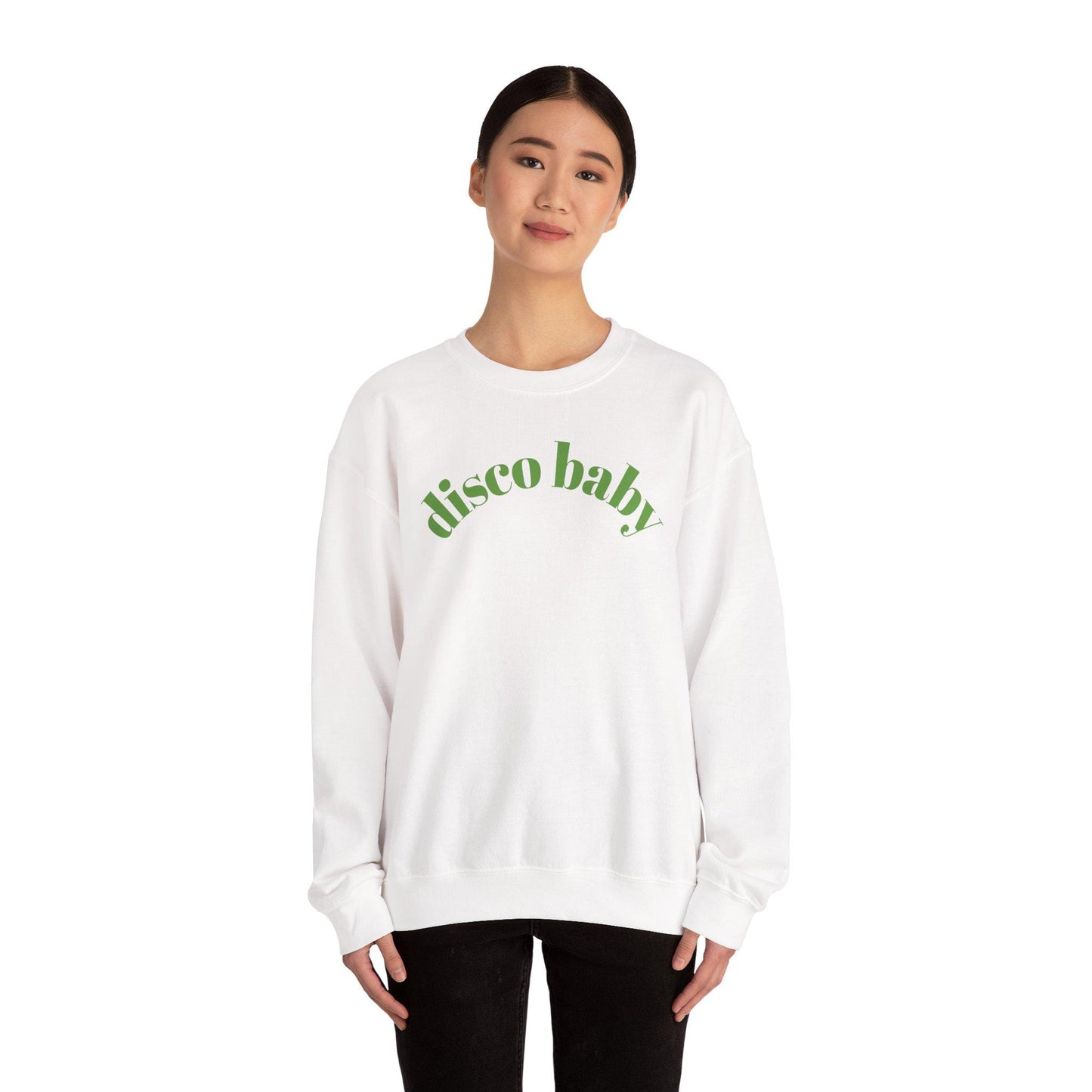 Green Disco Baby Crewneck Sweatshirt, Unisex Sweatshirt, Retro Apparel, Gift for Music Lovers, Disco Party Wear, Comfortable Fashion