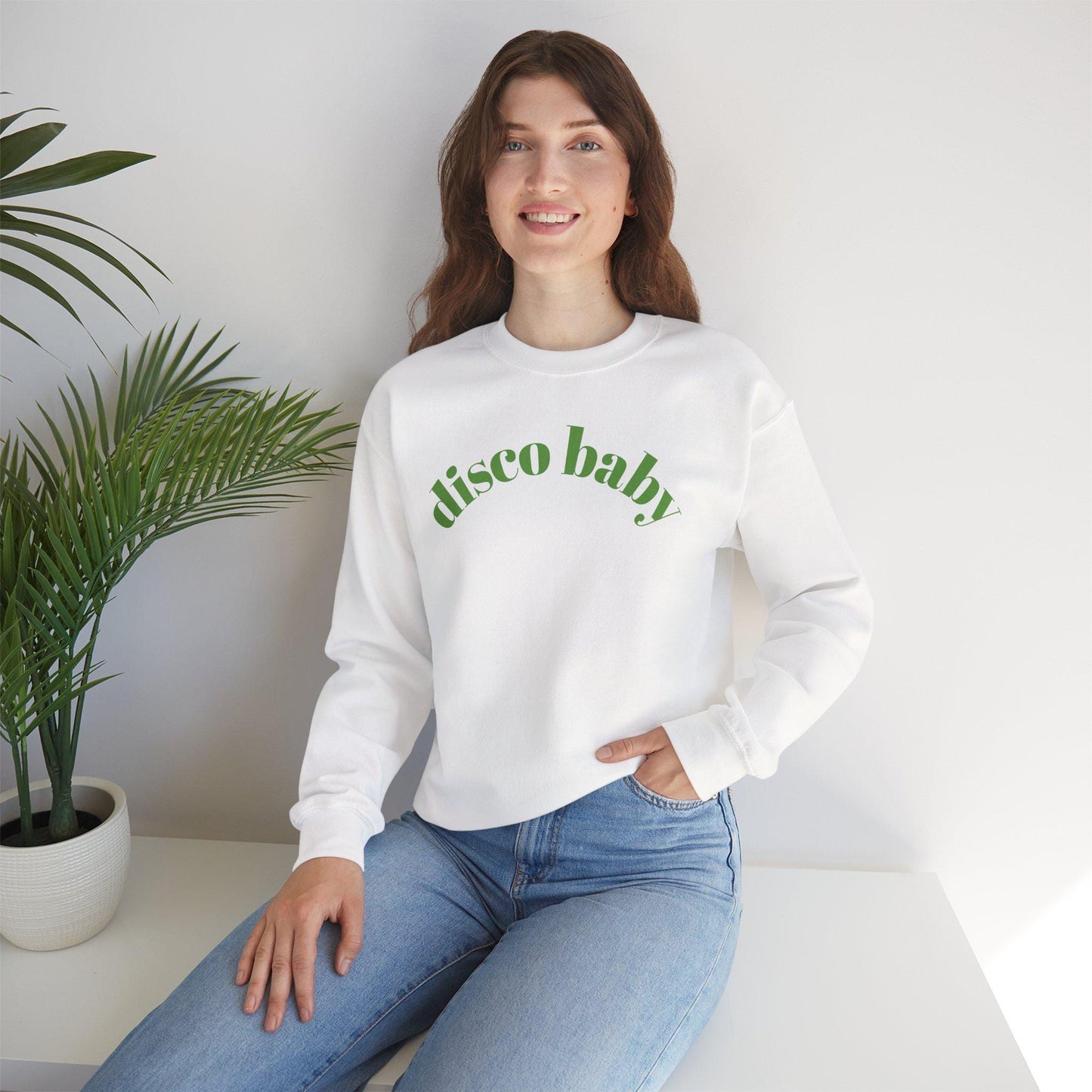 Green Disco Baby Crewneck Sweatshirt, Unisex Sweatshirt, Retro Apparel, Gift for Music Lovers, Disco Party Wear, Comfortable Fashion