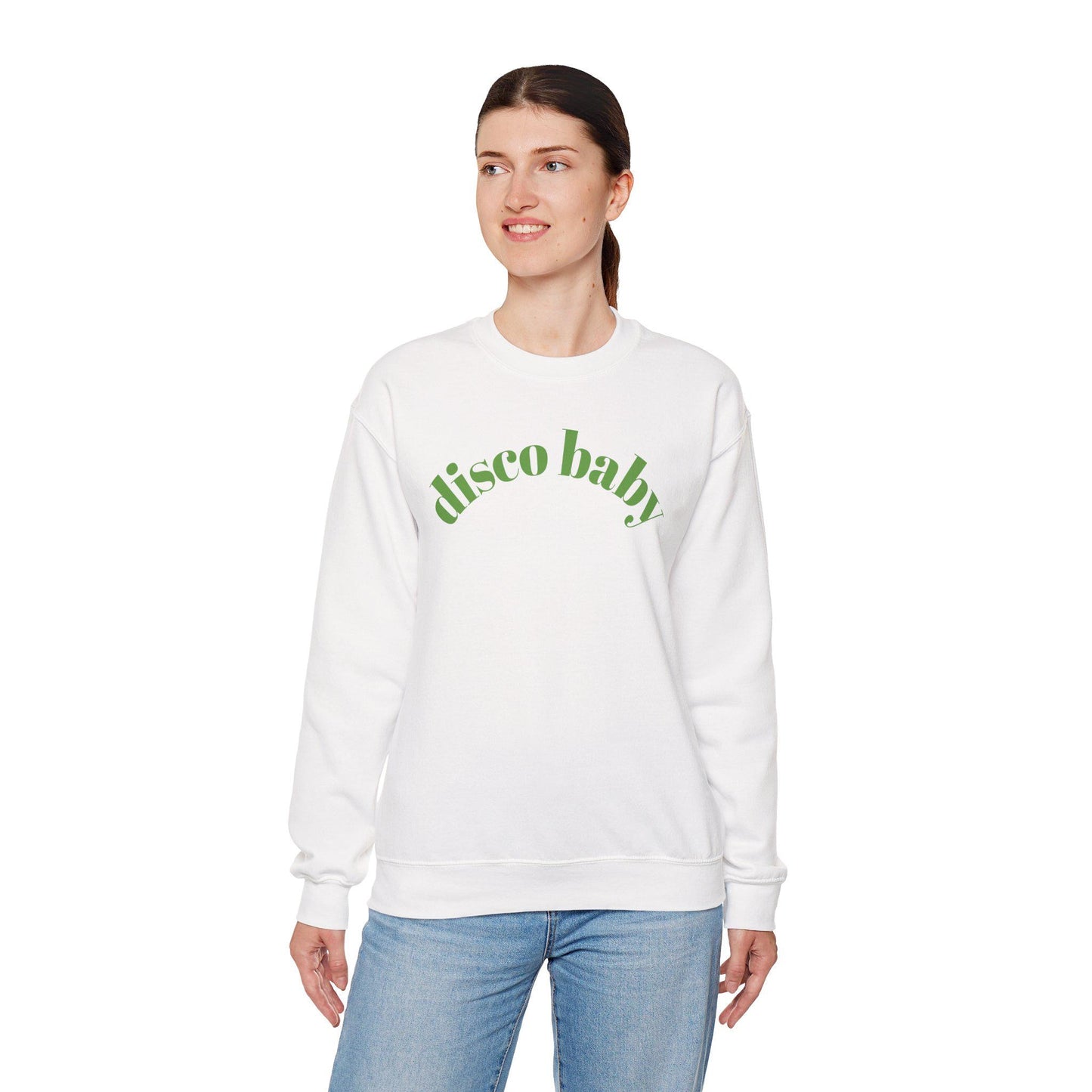 Green Disco Baby Crewneck Sweatshirt, Unisex Sweatshirt, Retro Apparel, Gift for Music Lovers, Disco Party Wear, Comfortable Fashion