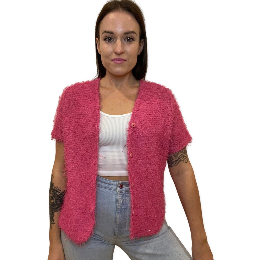 Pink Fuzzy Top, Y2K Button Up Magenta Short Sleeve Cardigan, Fluffy Top, Short Sleeve Sweater, Vintage 90s Club Kid, Grunge, Fuzzy Shirt M-L