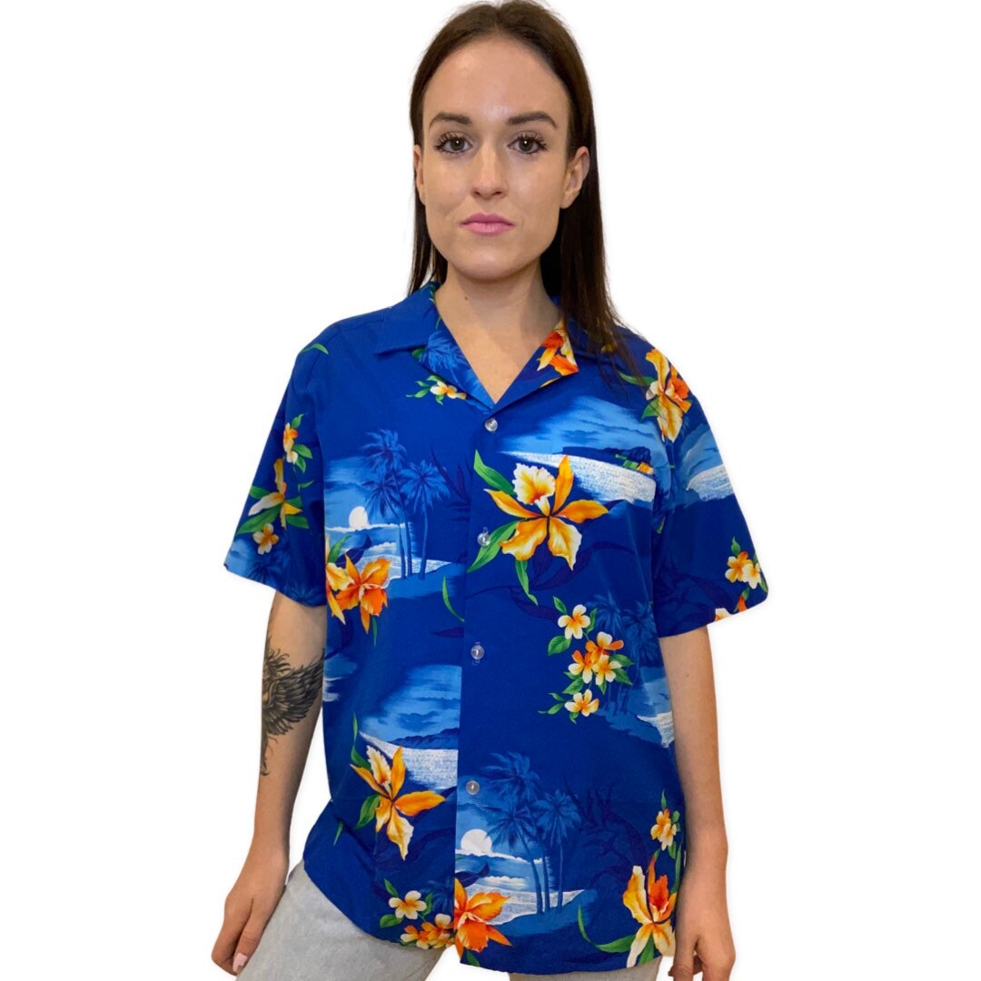 80's Hawaiian Shirt, Button Up Retro Hawaii Shirt, 80s Party Shirt, Tropical Print, Large, xl, Oversized Button Up Top, Short Sleeve