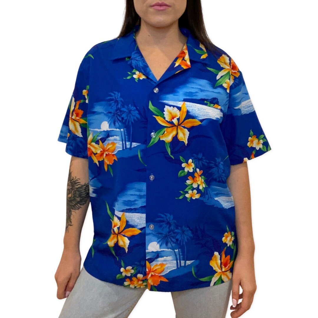 80's Hawaiian Shirt, Button Up Retro Hawaii Shirt, 80s Party Shirt, Tropical Print, Large, xl, Oversized Button Up Top, Short Sleeve