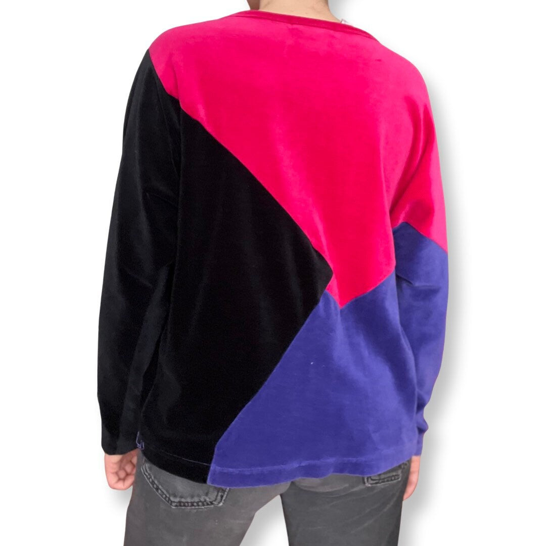 80's Velvet Top, Color Block Velvet Shirt, Long Sleeve Top, Pink, Purple, Black