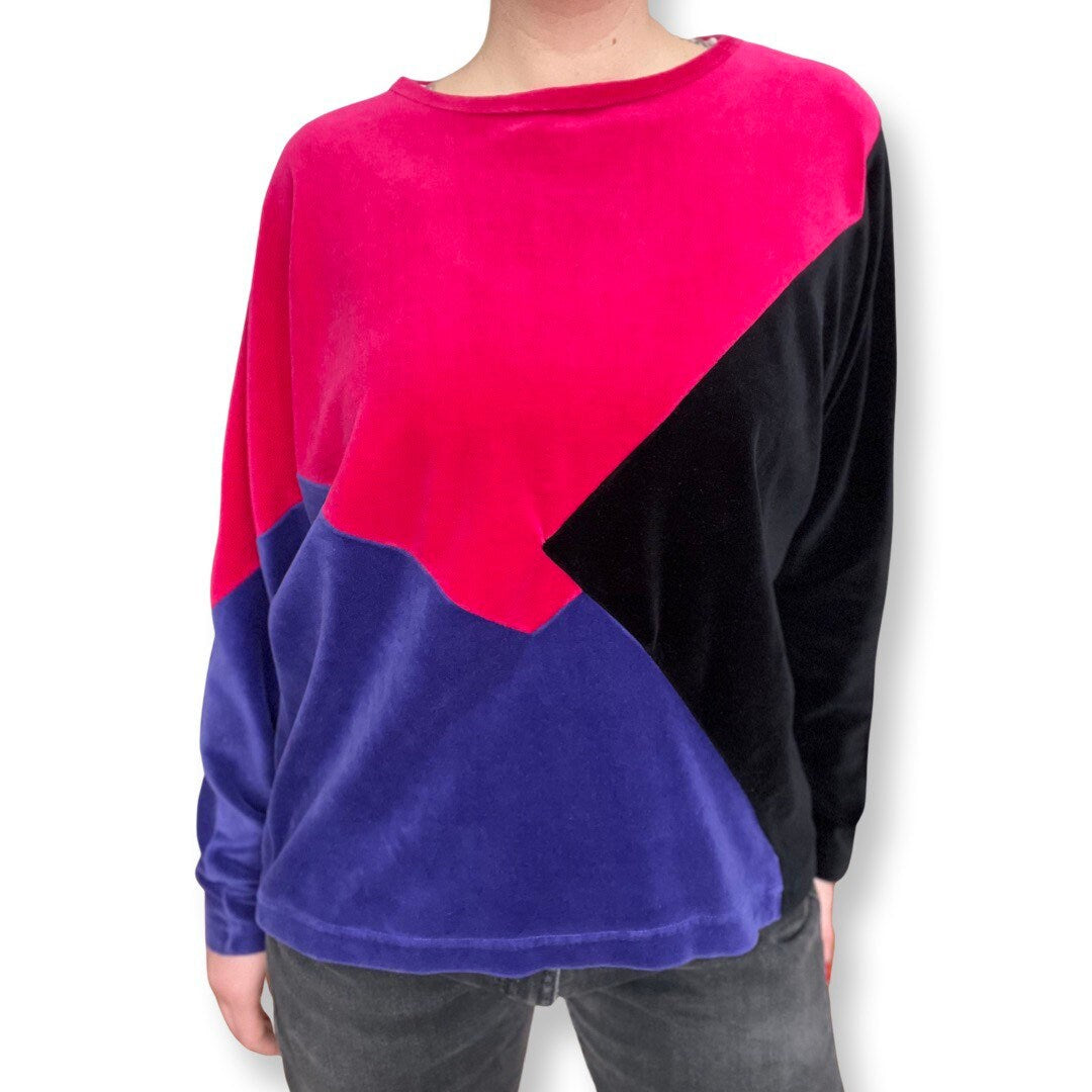80's Velvet Top, Color Block Velvet Shirt, Long Sleeve Top, Pink, Purple, Black