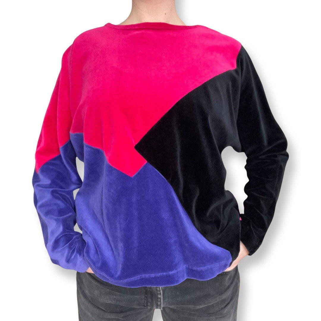 80's Velvet Top, Color Block Velvet Shirt, Long Sleeve Top, Pink, Purple, Black