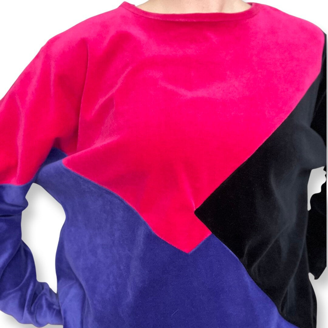 80's Velvet Top, Color Block Velvet Shirt, Long Sleeve Top, Pink, Purple, Black