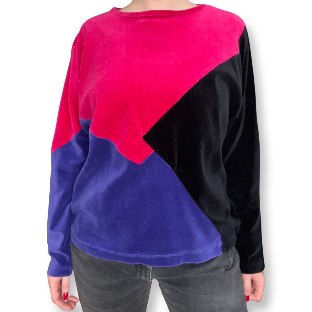 80's Velvet Top, Color Block Velvet Shirt, Long Sleeve Top, Pink, Purple, Black