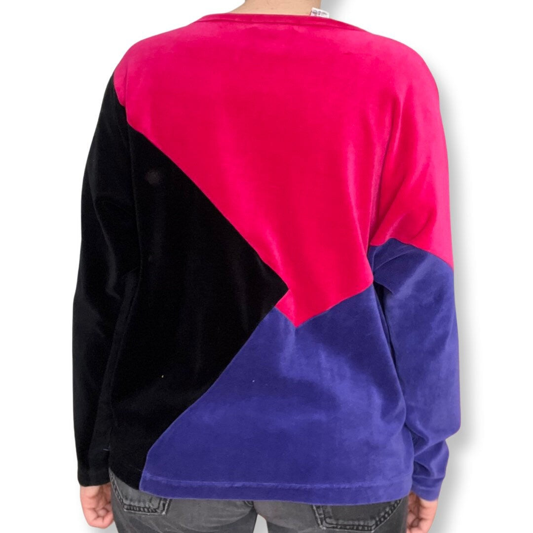 80's Velvet Top, Color Block Velvet Shirt, Long Sleeve Top, Pink, Purple, Black
