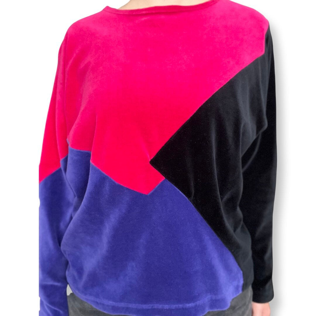 80's Velvet Top, Color Block Velvet Shirt, Long Sleeve Top, Pink, Purple, Black
