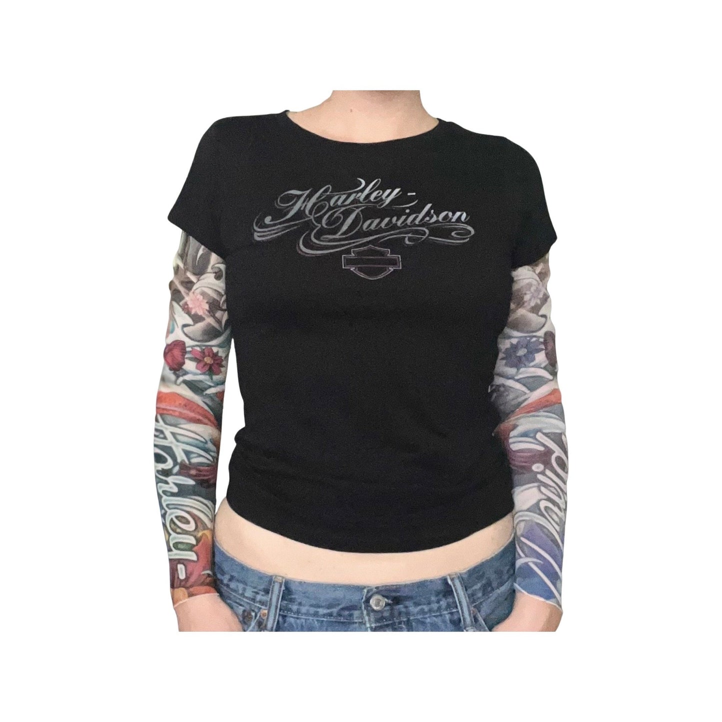 Harley Davidson Top, Mesh Koi Fish Sleeves, Size Medium, Women's Top