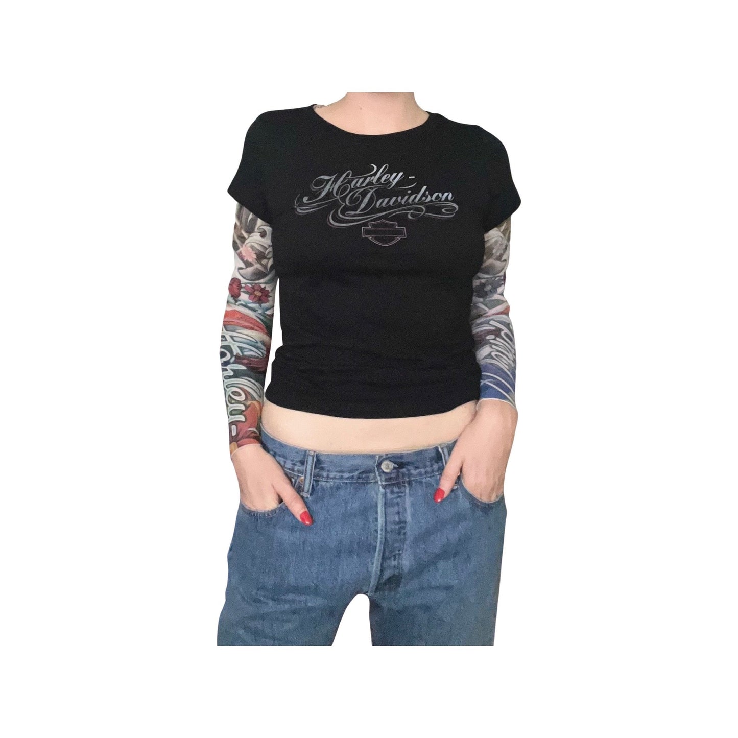 Harley Davidson Top, Mesh Koi Fish Sleeves, Size Medium, Women's Top