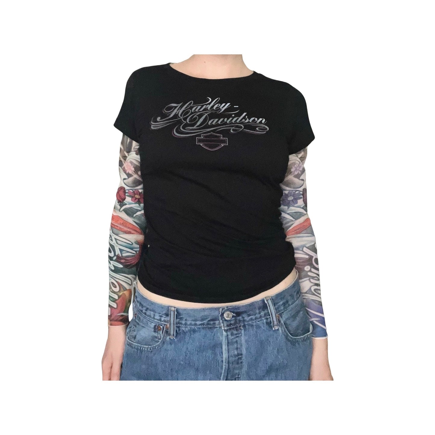 Harley Davidson Top, Mesh Koi Fish Sleeves, Size Medium, Women's Top