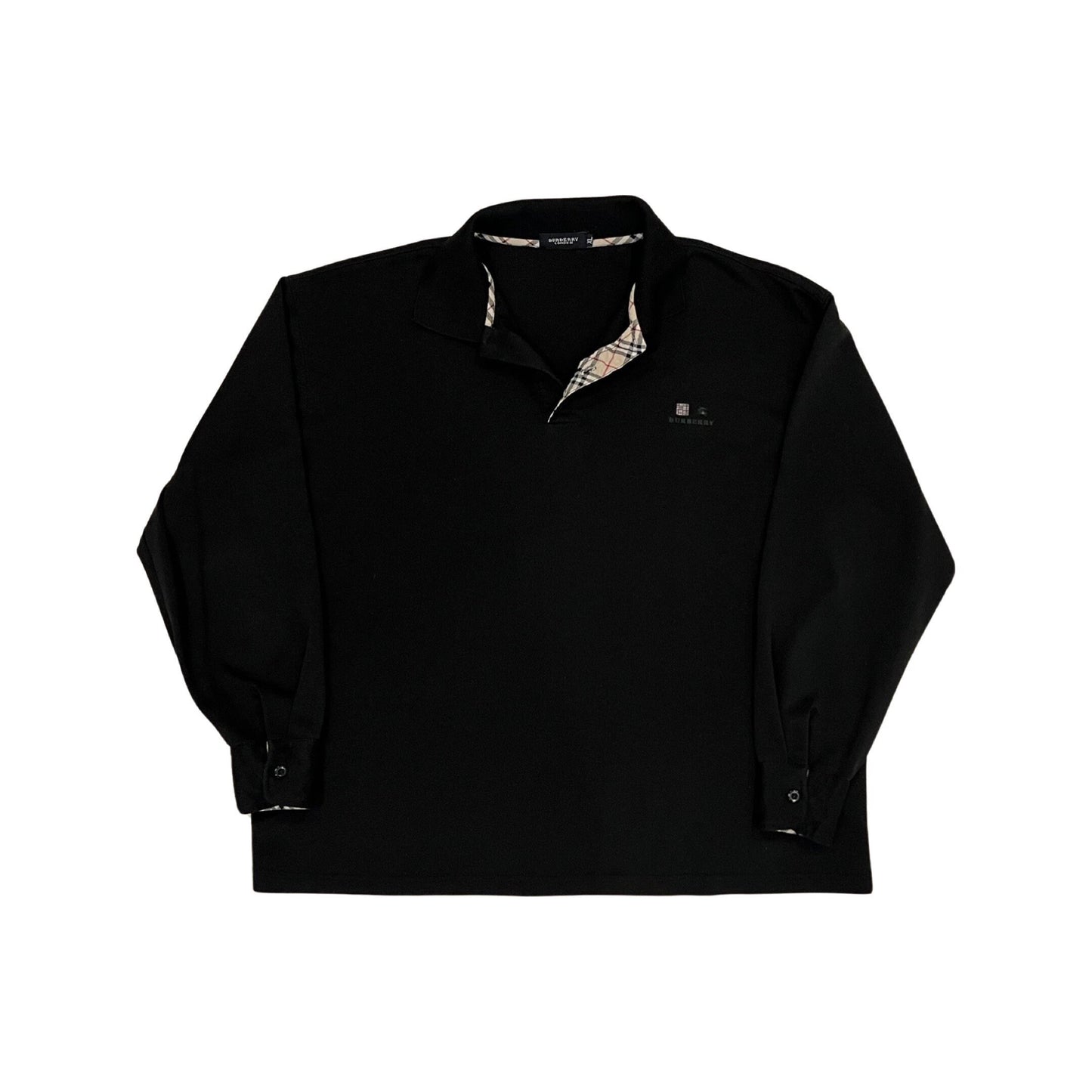 Burberry Vintage Long Sleeve Polo, Tartan Print, Black Long Sleeve Polo, XL