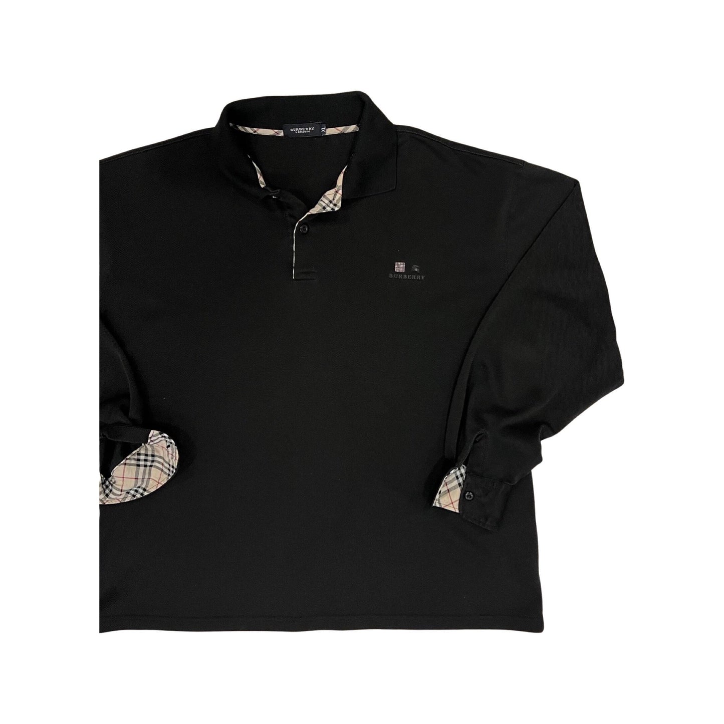 Burberry Vintage Long Sleeve Polo, Tartan Print, Black Long Sleeve Polo, XL