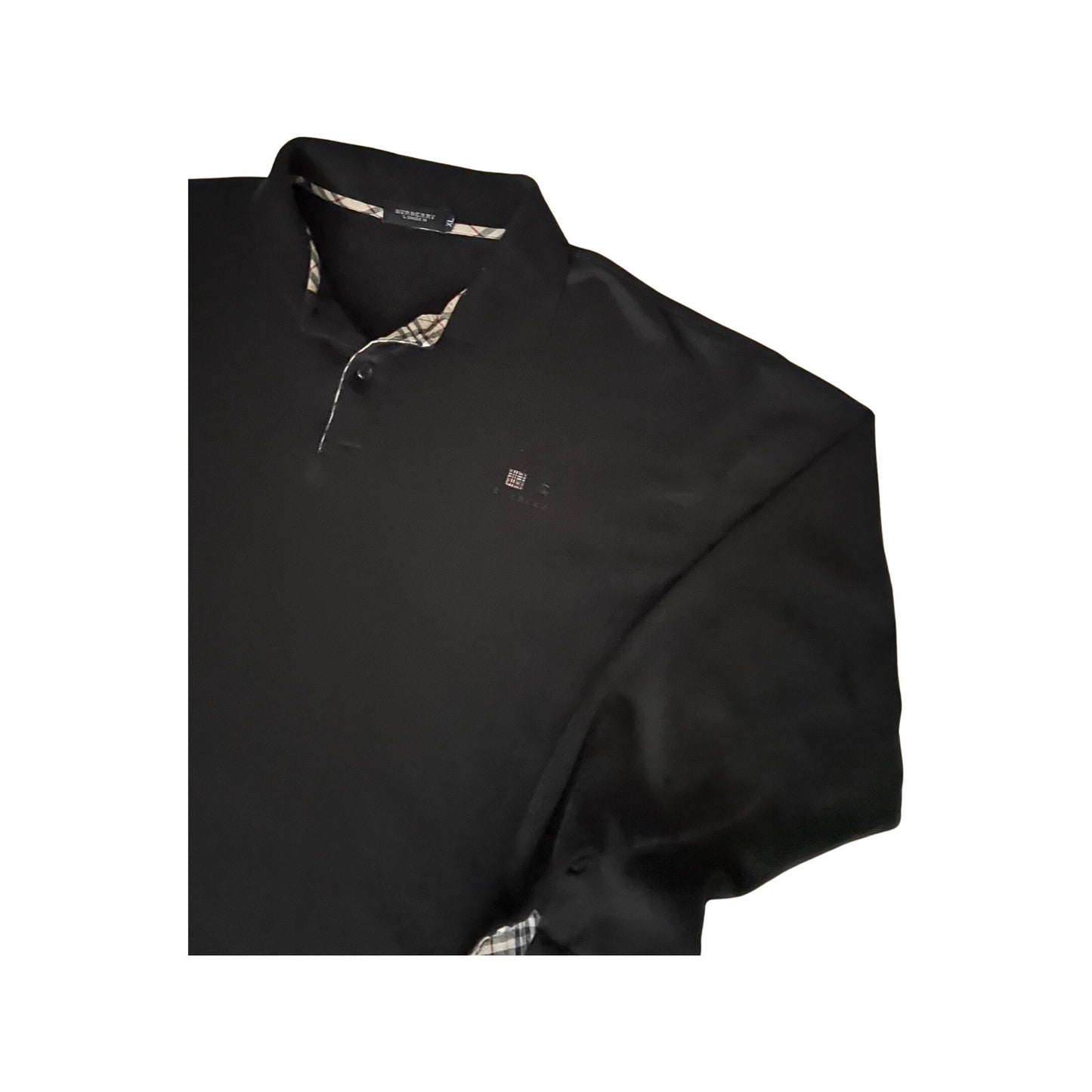 Burberry Vintage Long Sleeve Polo, Tartan Print, Black Long Sleeve Polo, XL