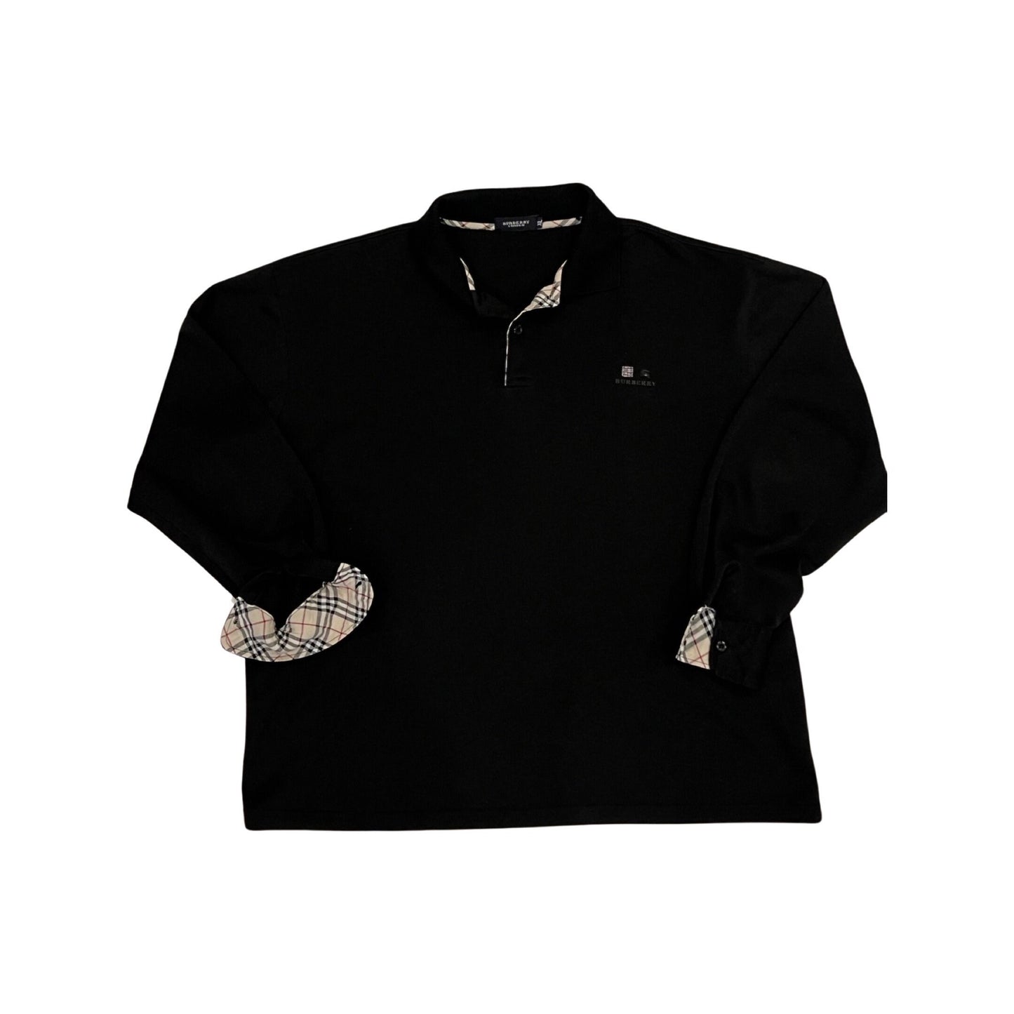 Burberry Vintage Long Sleeve Polo, Tartan Print, Black Long Sleeve Polo, XL