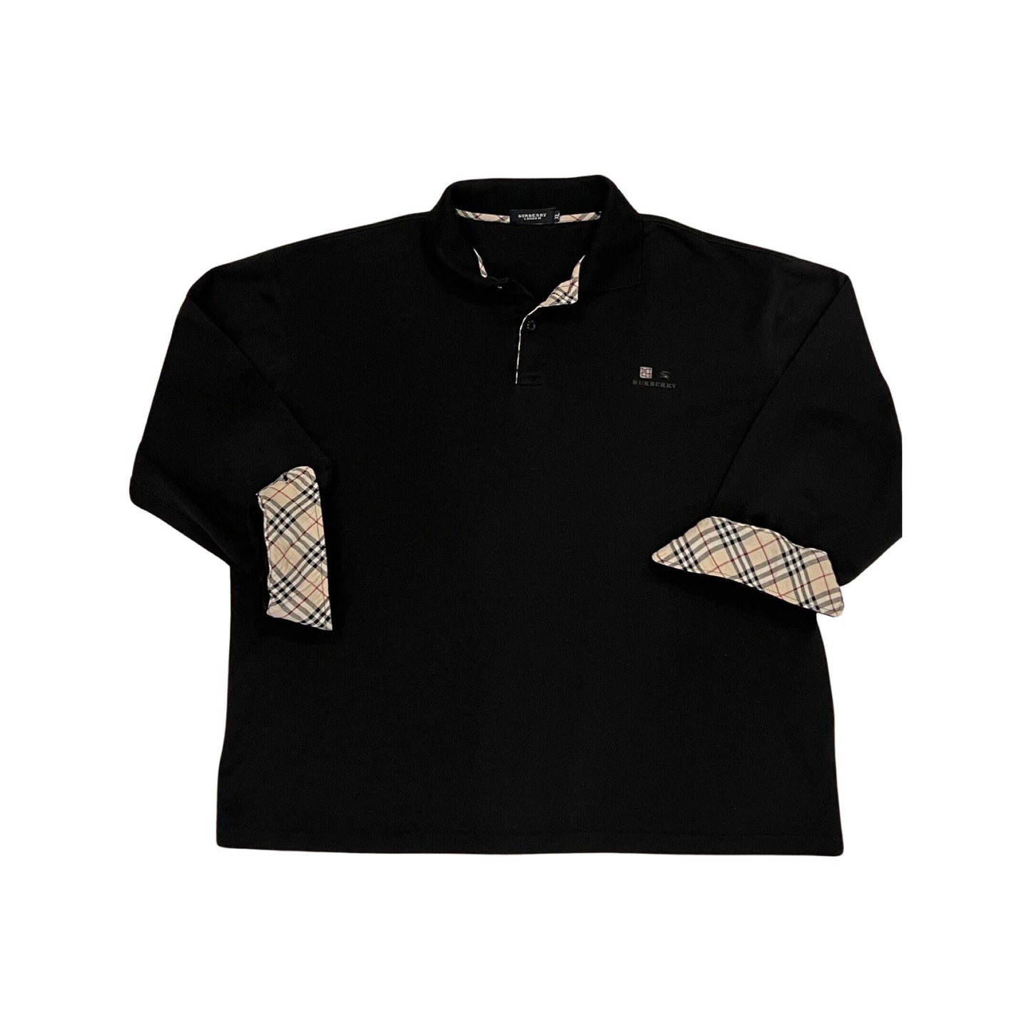 Burberry Vintage Long Sleeve Polo, Tartan Print, Black Long Sleeve Polo, XL