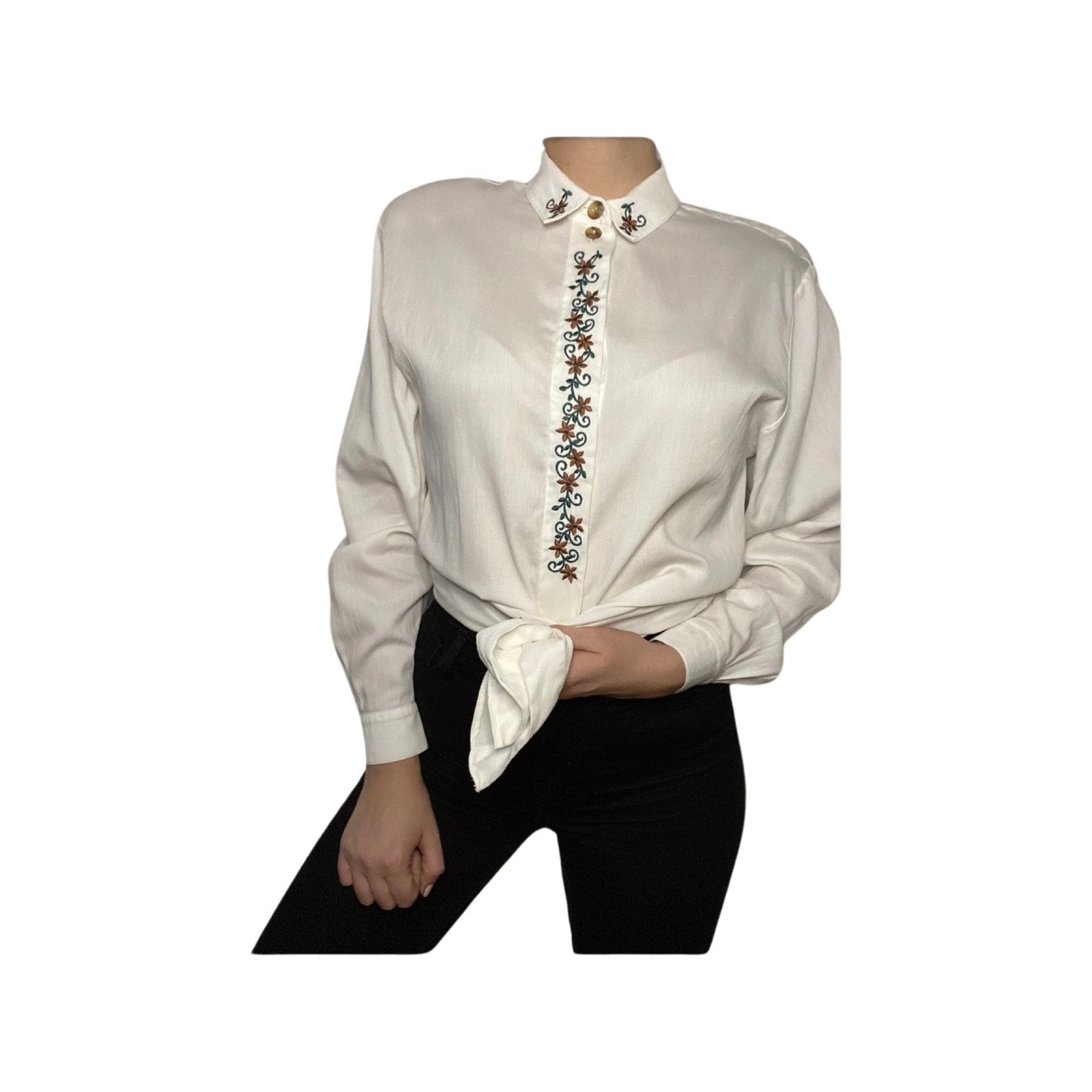 Vintage embroidered blouse, white button down, size Medium, long sleeve button up top, made in Turkey, cuffed dress shirt