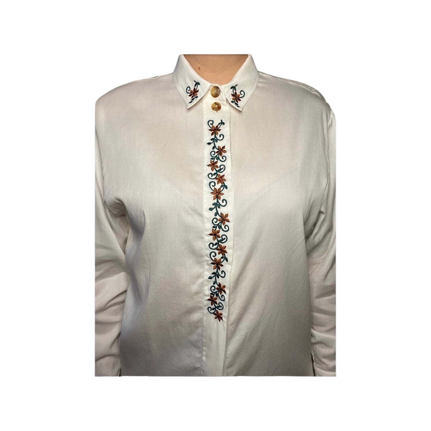 Vintage embroidered blouse, white button down, size Medium, long sleeve button up top, made in Turkey, cuffed dress shirt