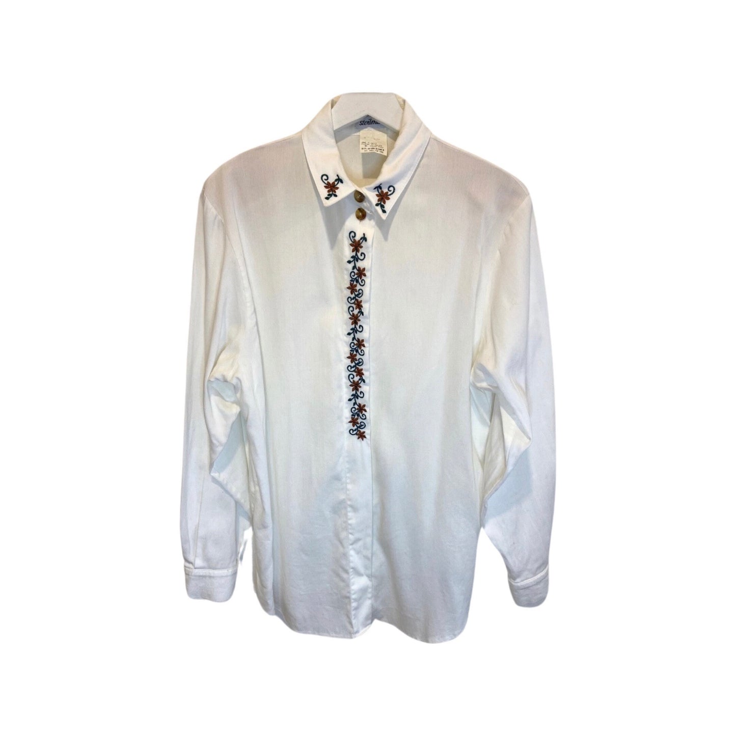 Vintage embroidered blouse, white button down, size Medium, long sleeve button up top, made in Turkey, cuffed dress shirt