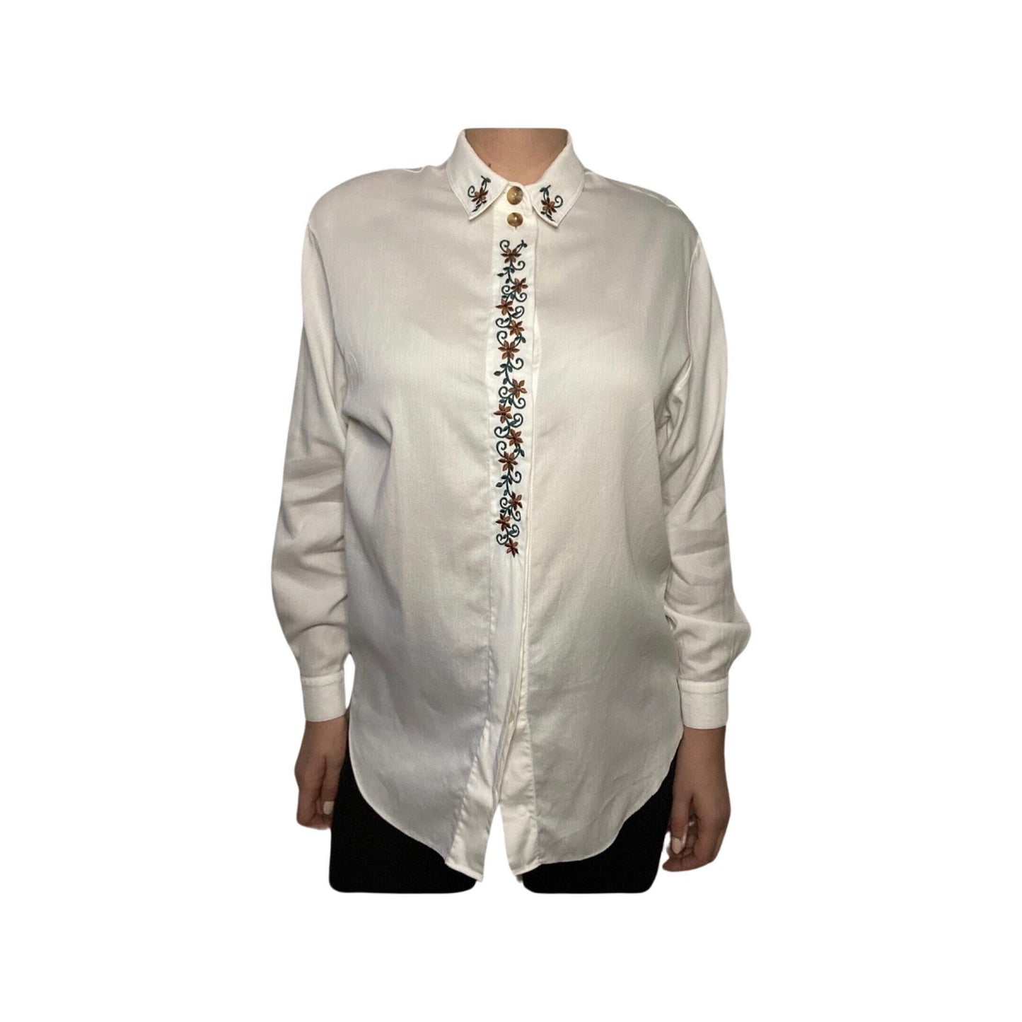 Vintage embroidered blouse, white button down, size Medium, long sleeve button up top, made in Turkey, cuffed dress shirt
