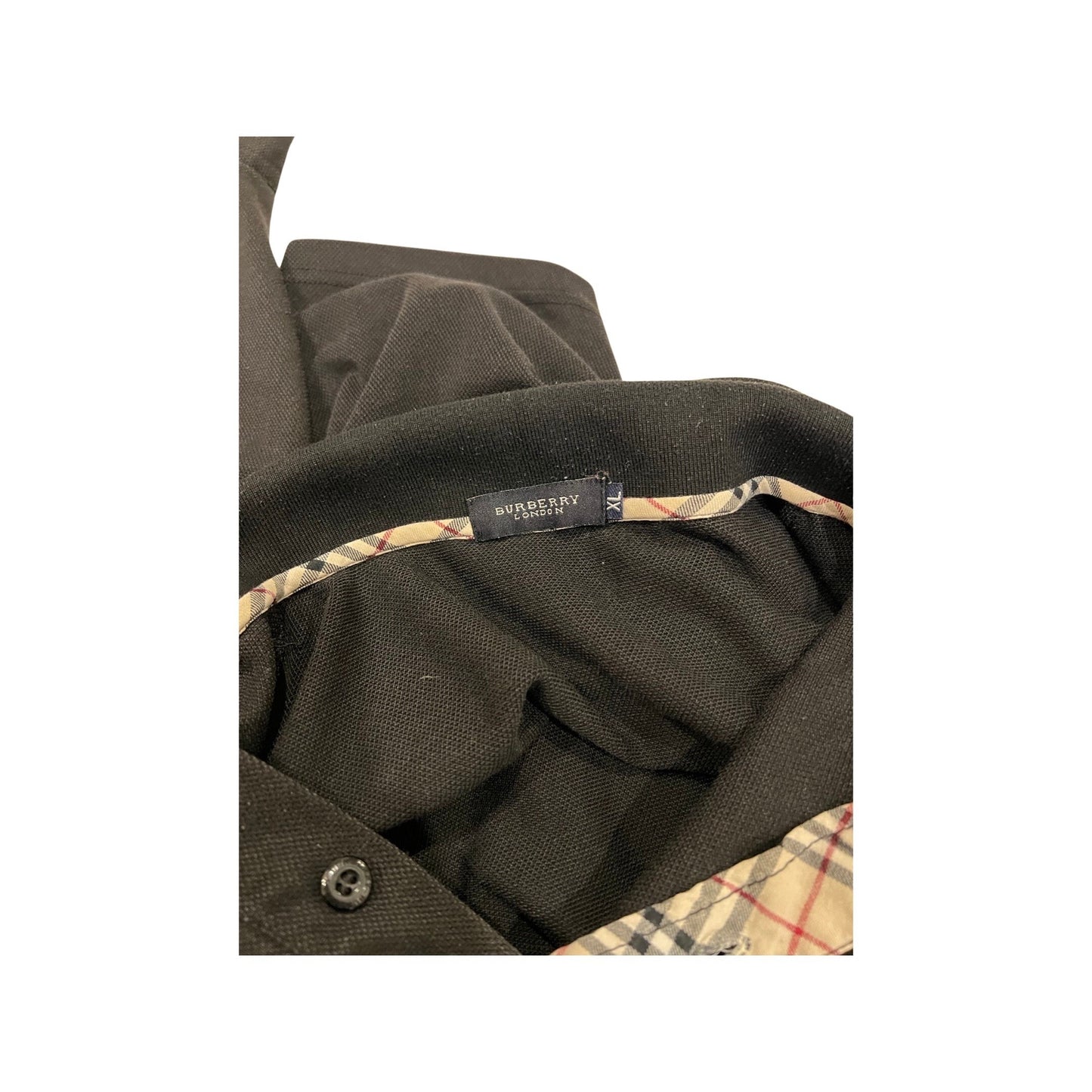 Burberry Vintage Long Sleeve Polo, Tartan Print, Black Long Sleeve Polo, XL