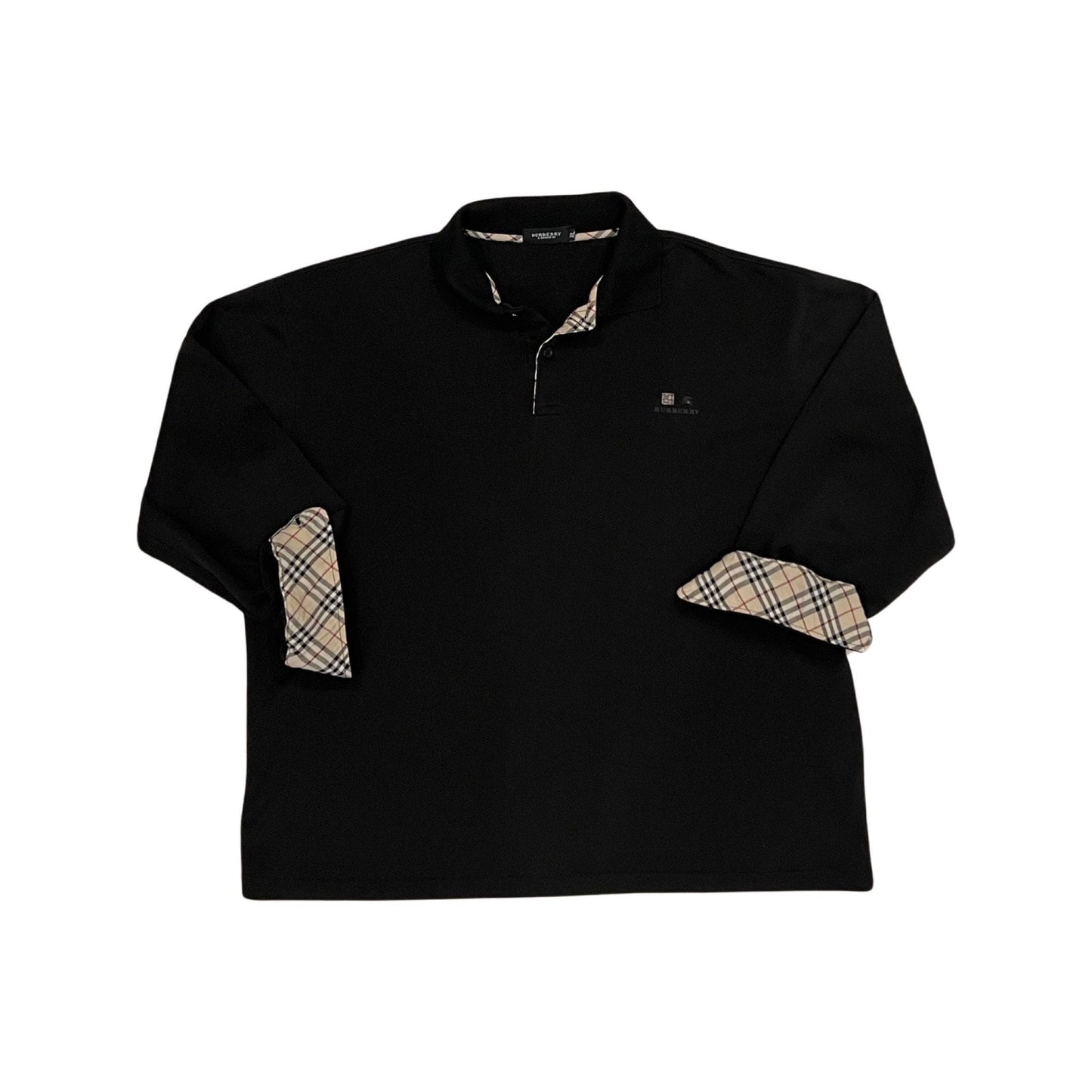 Burberry Vintage Long Sleeve Polo, Tartan Print, Black Long Sleeve Polo, XL