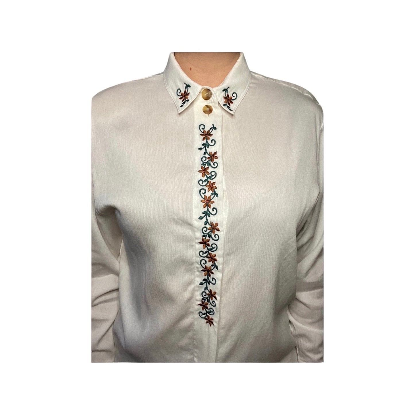 Vintage embroidered blouse, white button down, size Medium, long sleeve button up top, made in Turkey, cuffed dress shirt