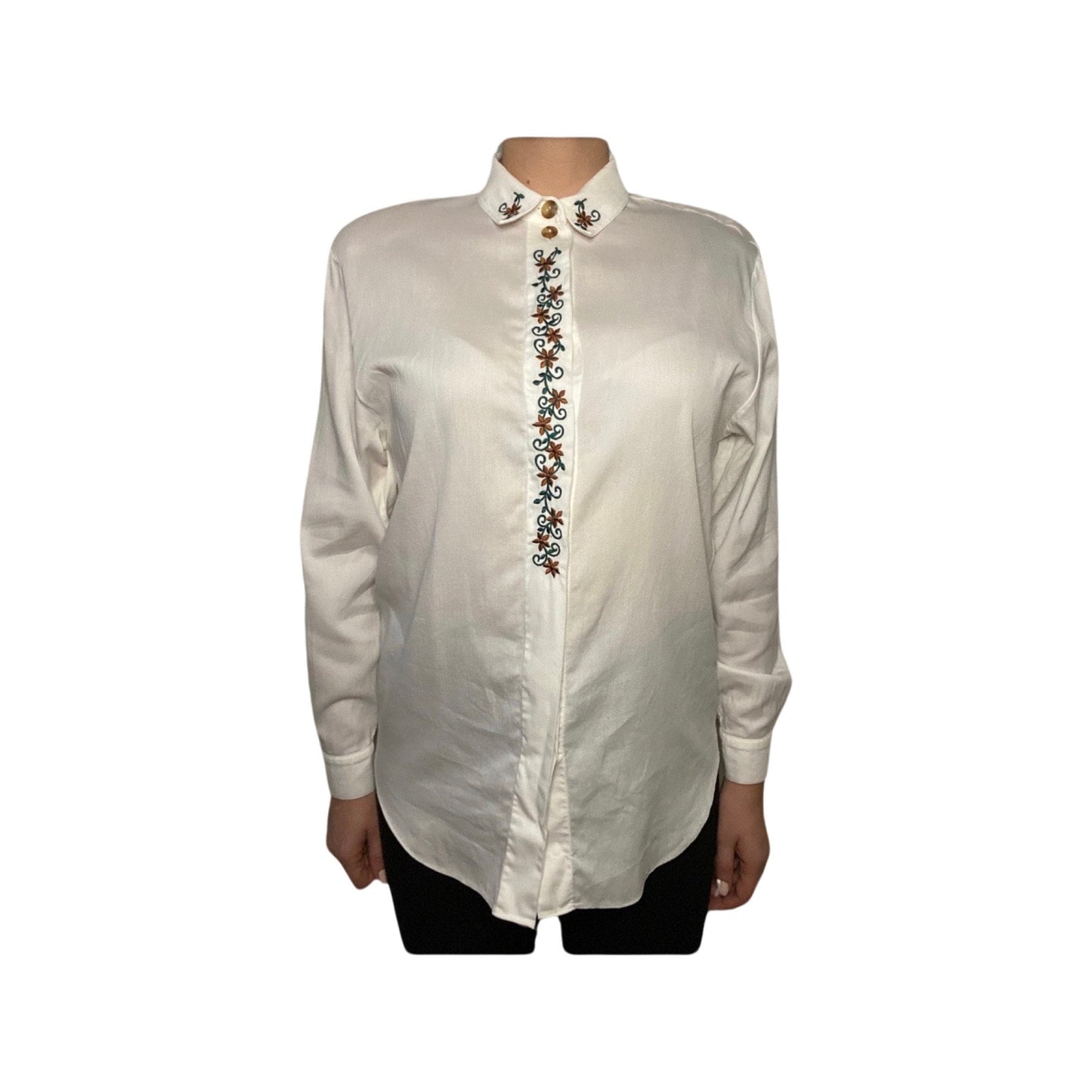 Vintage embroidered blouse, white button down, size Medium, long sleeve button up top, made in Turkey, cuffed dress shirt