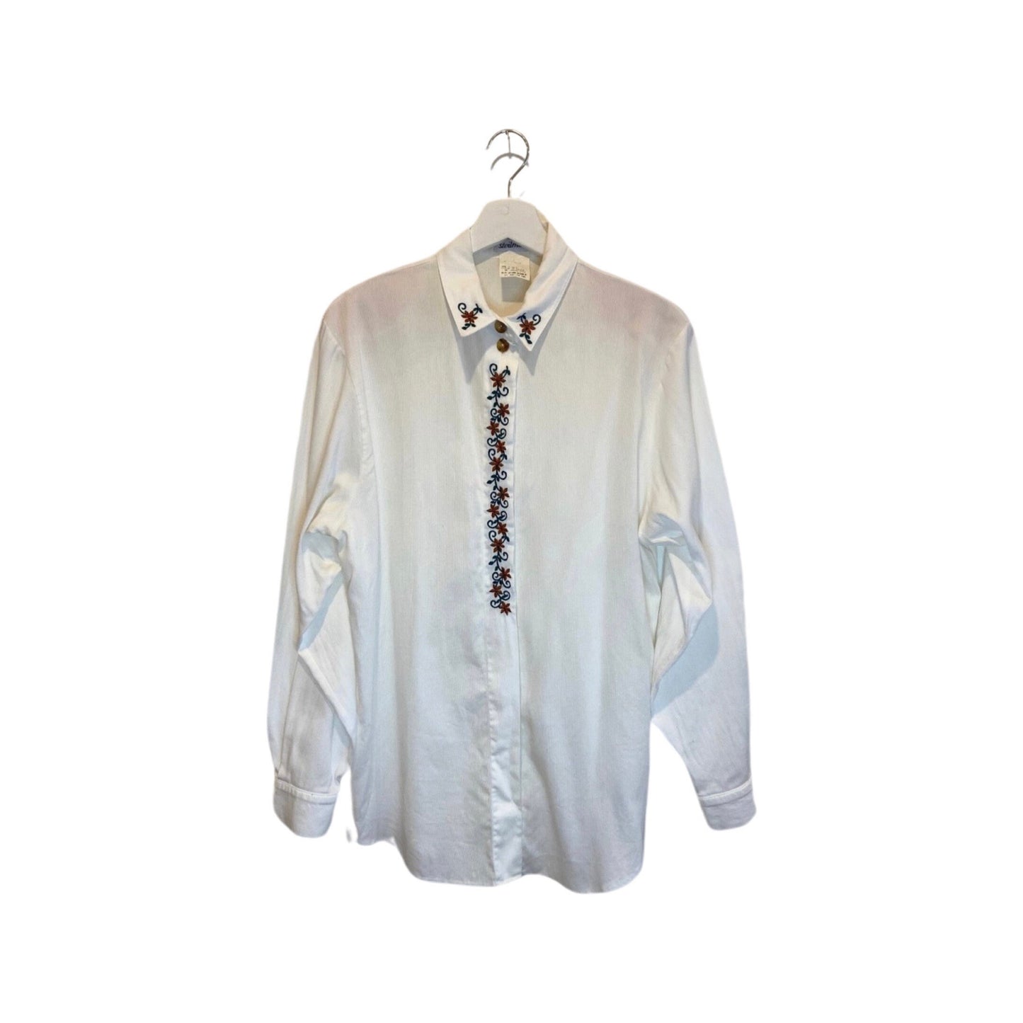 Vintage embroidered blouse, white button down, size Medium, long sleeve button up top, made in Turkey, cuffed dress shirt