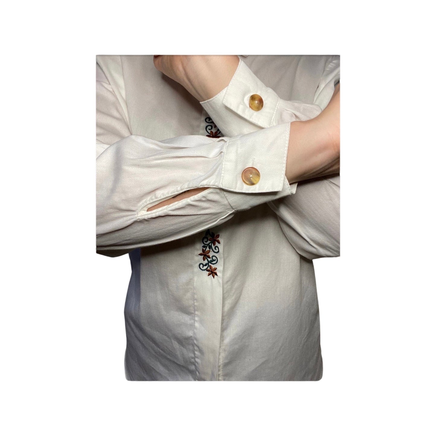Vintage embroidered blouse, white button down, size Medium, long sleeve button up top, made in Turkey, cuffed dress shirt