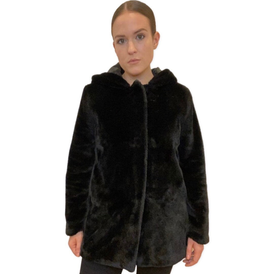 Black Fuzzy Coat, Y2K Fashion, 90s Jacket, Black Faux Fur Jacket, Oversized Winter Jacket, Overcoat, Mid Length Black Parka, Medium