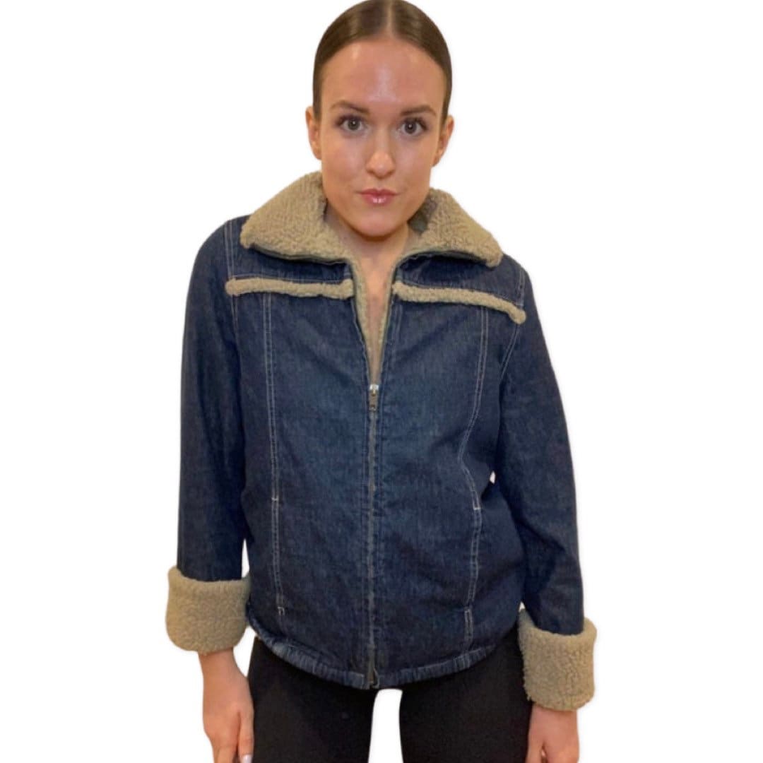 Denim Jacket, Fur Trim, Y2K Jackets and Coats, 2000's Denim jacket, Sherpa lined, Point Zero, Size Small, Faux Fur Lined Denim Jacket,