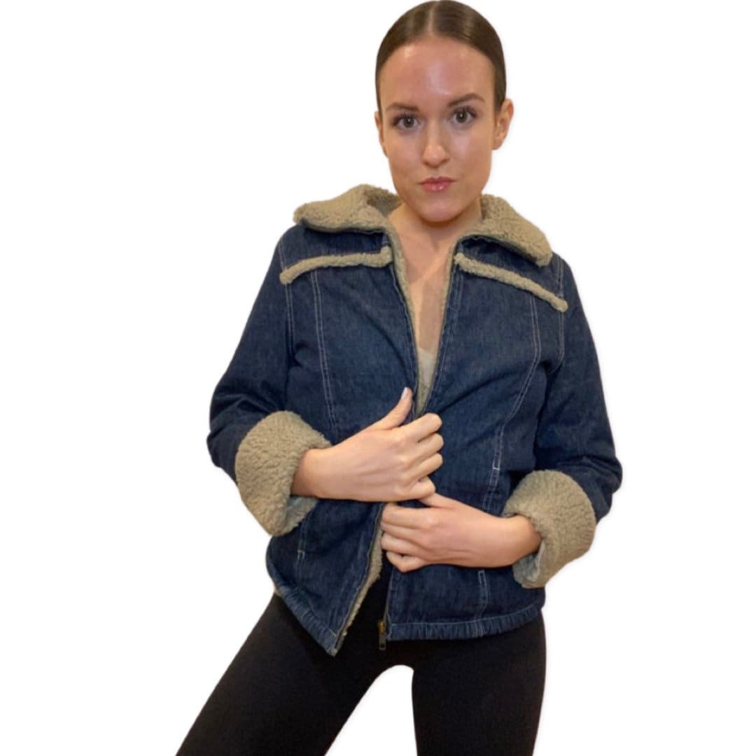 Denim Jacket, Fur Trim, Y2K Jackets and Coats, 2000's Denim jacket, Sherpa lined, Point Zero, Size Small, Faux Fur Lined Denim Jacket,