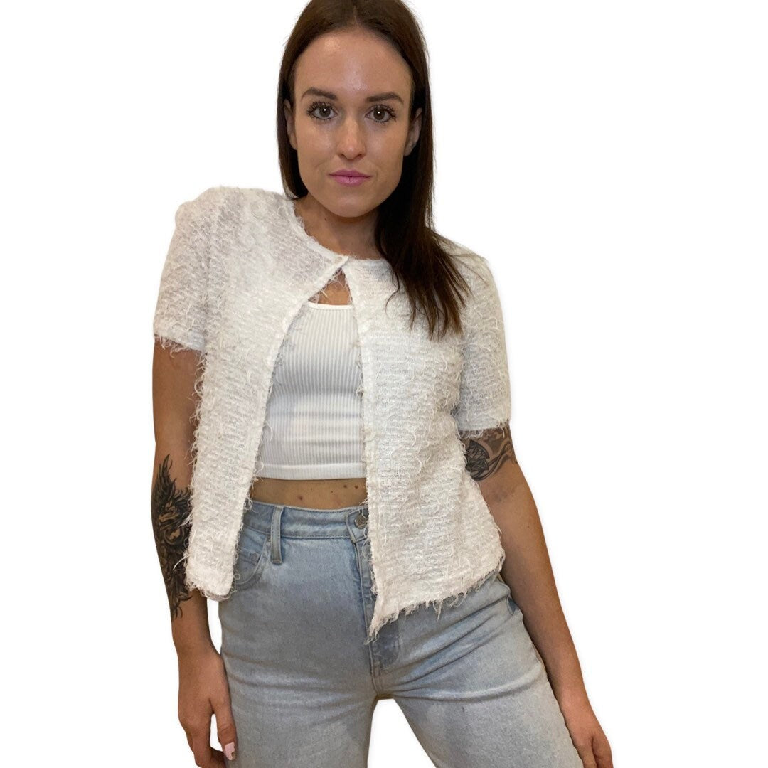 White Fuzzy Top, Button Up Short Sleeve Cardigan, Women's Top, Button Shirt, Vintage 90s Club Kid, Fluffy Top, Crop Cardigan, Medium