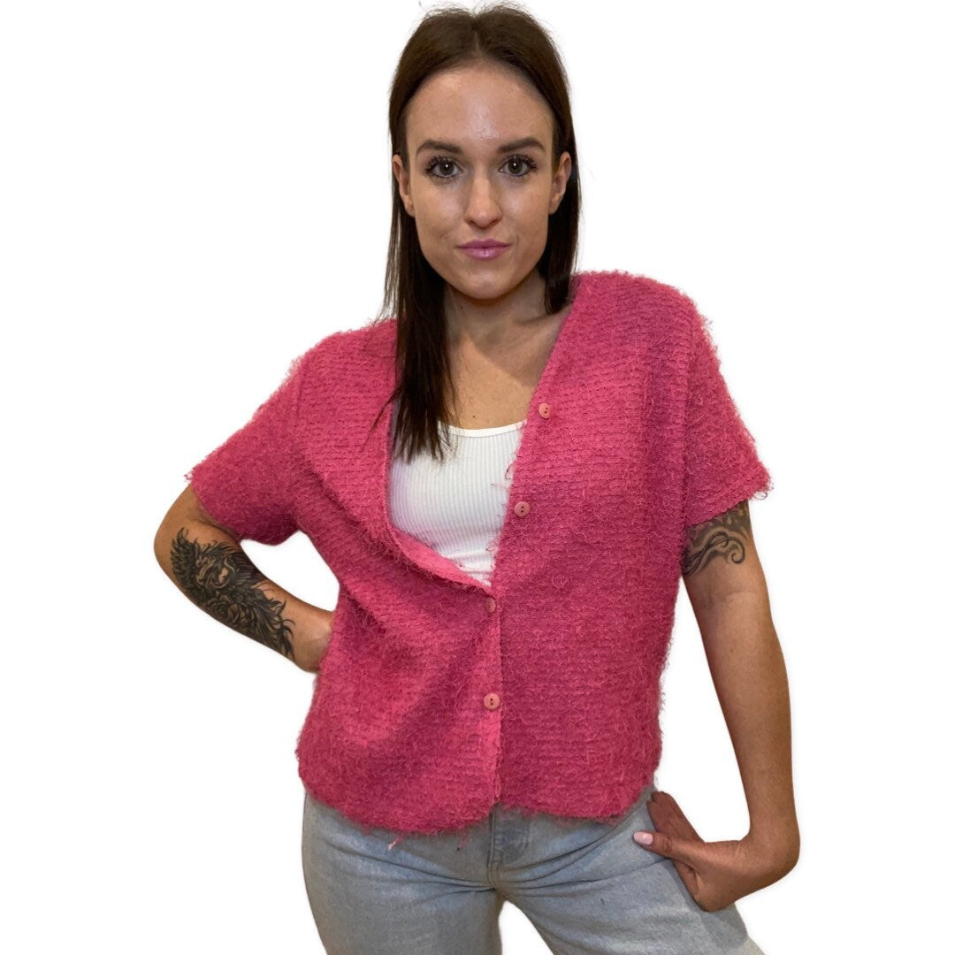 Pink Fuzzy Top, Y2K Button Up Magenta Short Sleeve Cardigan, Fluffy Top, Short Sleeve Sweater, Vintage 90s Club Kid, Grunge, Fuzzy Shirt M-L