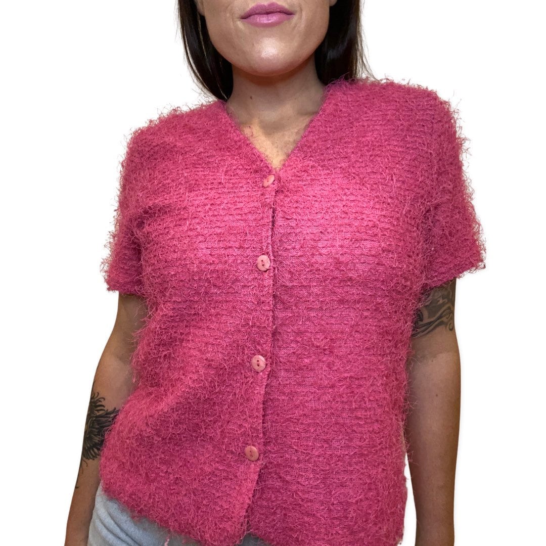 Pink Fuzzy Top, Y2K Button Up Magenta Short Sleeve Cardigan, Fluffy Top, Short Sleeve Sweater, Vintage 90s Club Kid, Grunge, Fuzzy Shirt M-L