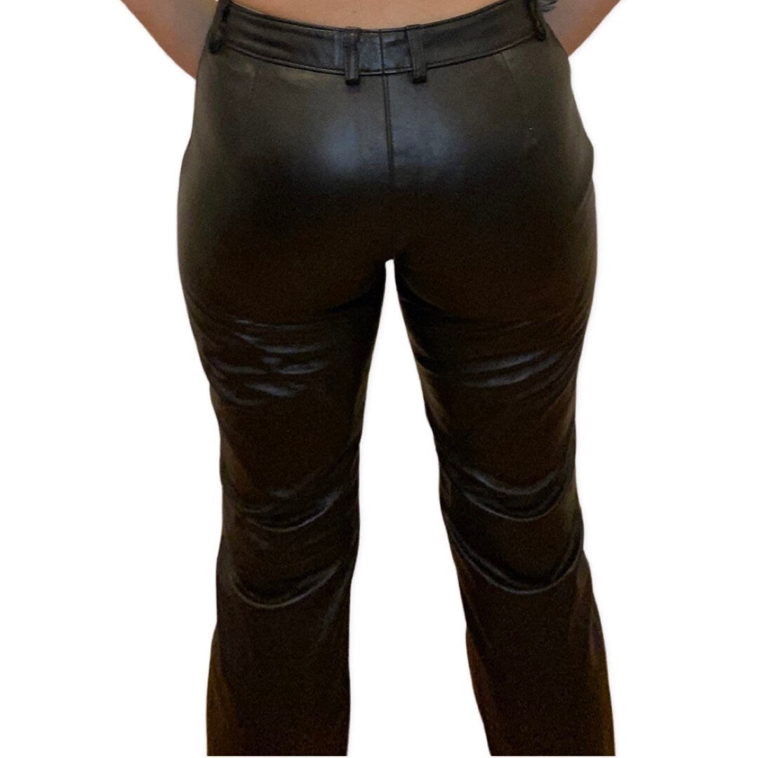 Leather Pants, Y2K, Low Rise Wide Leg Genuine Leather Size Medium, Trousers, Straight Leg Pants, Grunge, Laurence Roy size 12