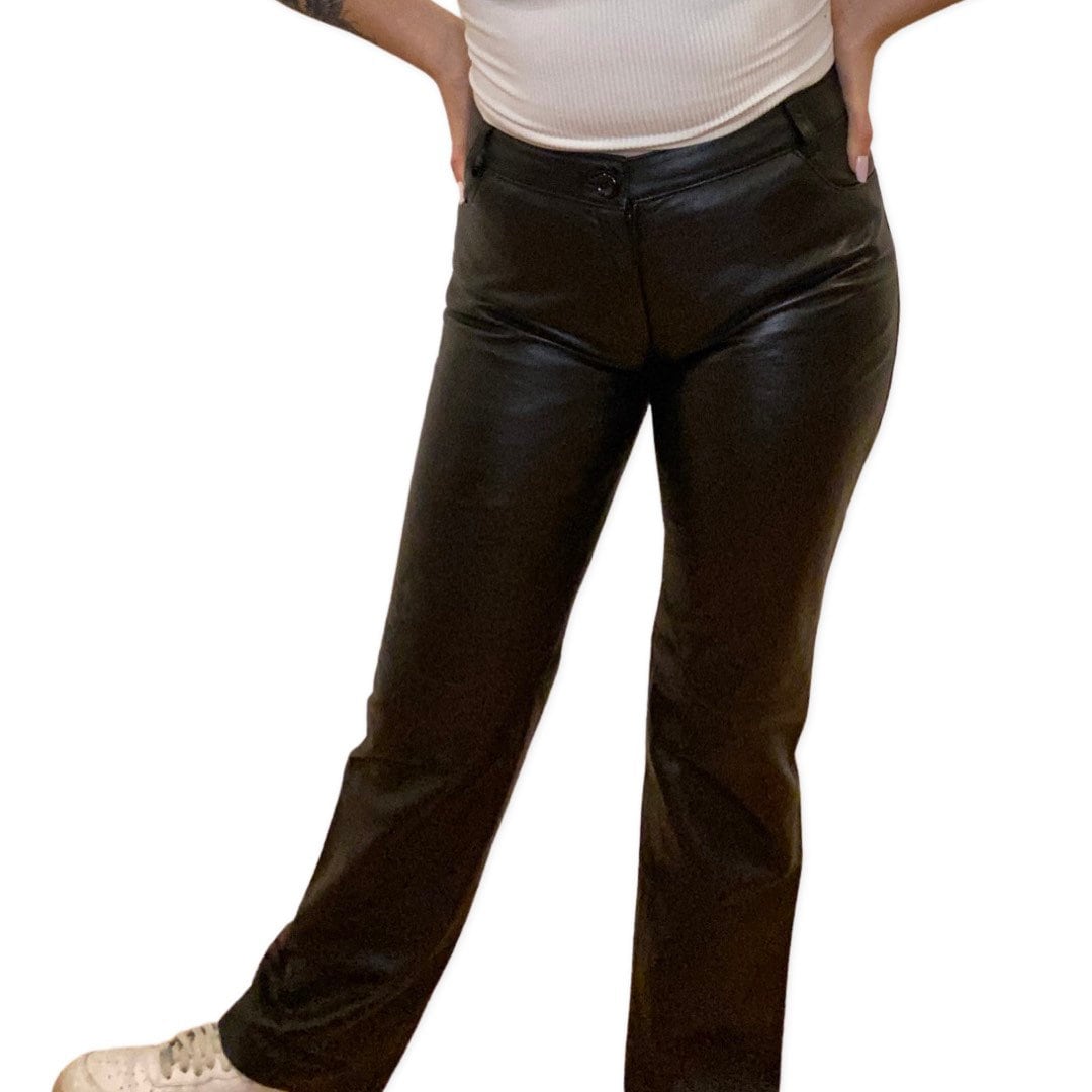 Leather Pants, Y2K, Low Rise Wide Leg Genuine Leather Size Medium, Trousers, Straight Leg Pants, Grunge, Laurence Roy size 12