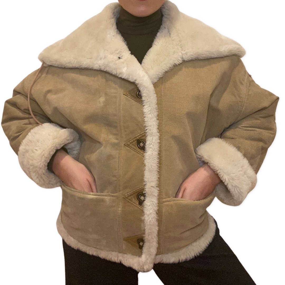 80's Suede Jacket, Beige Authentic Suede Coat with Faux Fur Lining, Size Small, Jackets and Coats, 80s Ski, Nubuck, Tan, Bomber Coat