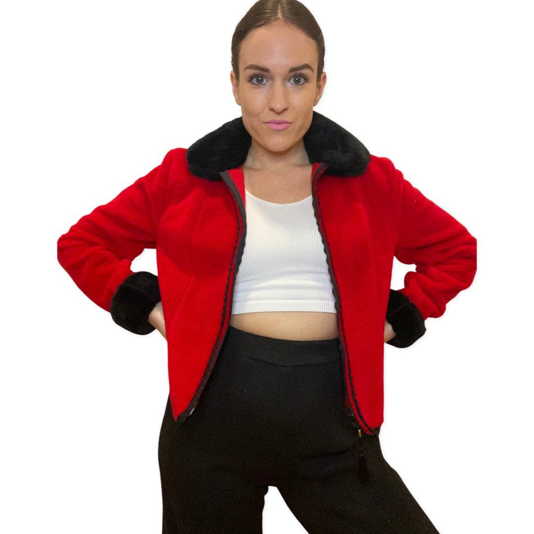 Vintage Fleece Jacket Zip, Up Faux Fur Collar and Cuffs, Red Jacket, Black Trim, Suttles and Seawinds, Size Small, Womens 80s Sweater, Red