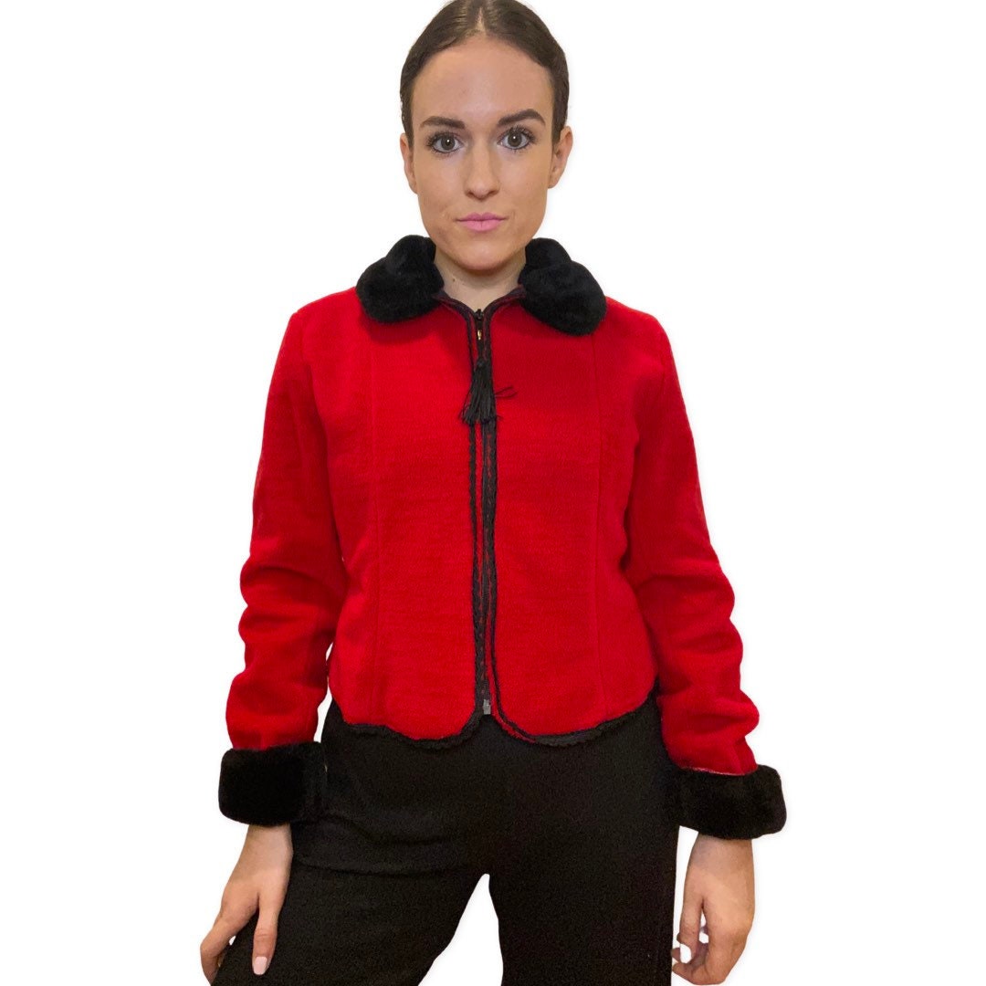 Vintage Fleece Jacket Zip, Up Faux Fur Collar and Cuffs, Red Jacket, Black Trim, Suttles and Seawinds, Size Small, Womens 80s Sweater, Red