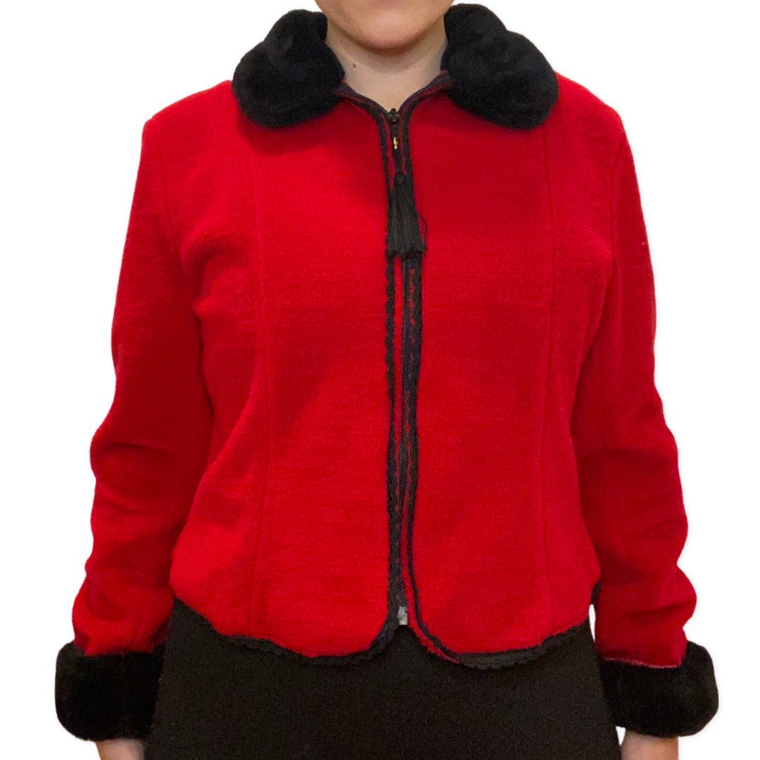 Vintage Fleece Jacket Zip, Up Faux Fur Collar and Cuffs, Red Jacket, Black Trim, Suttles and Seawinds, Size Small, Womens 80s Sweater, Red