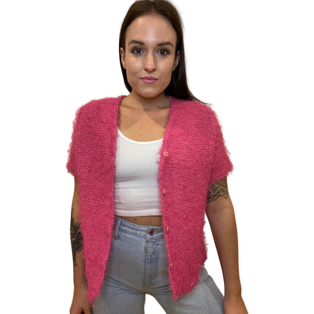 Pink Fuzzy Top, Y2K Button Up Magenta Short Sleeve Cardigan, Fluffy Top, Short Sleeve Sweater, Vintage 90s Club Kid, Grunge, Fuzzy Shirt M-L