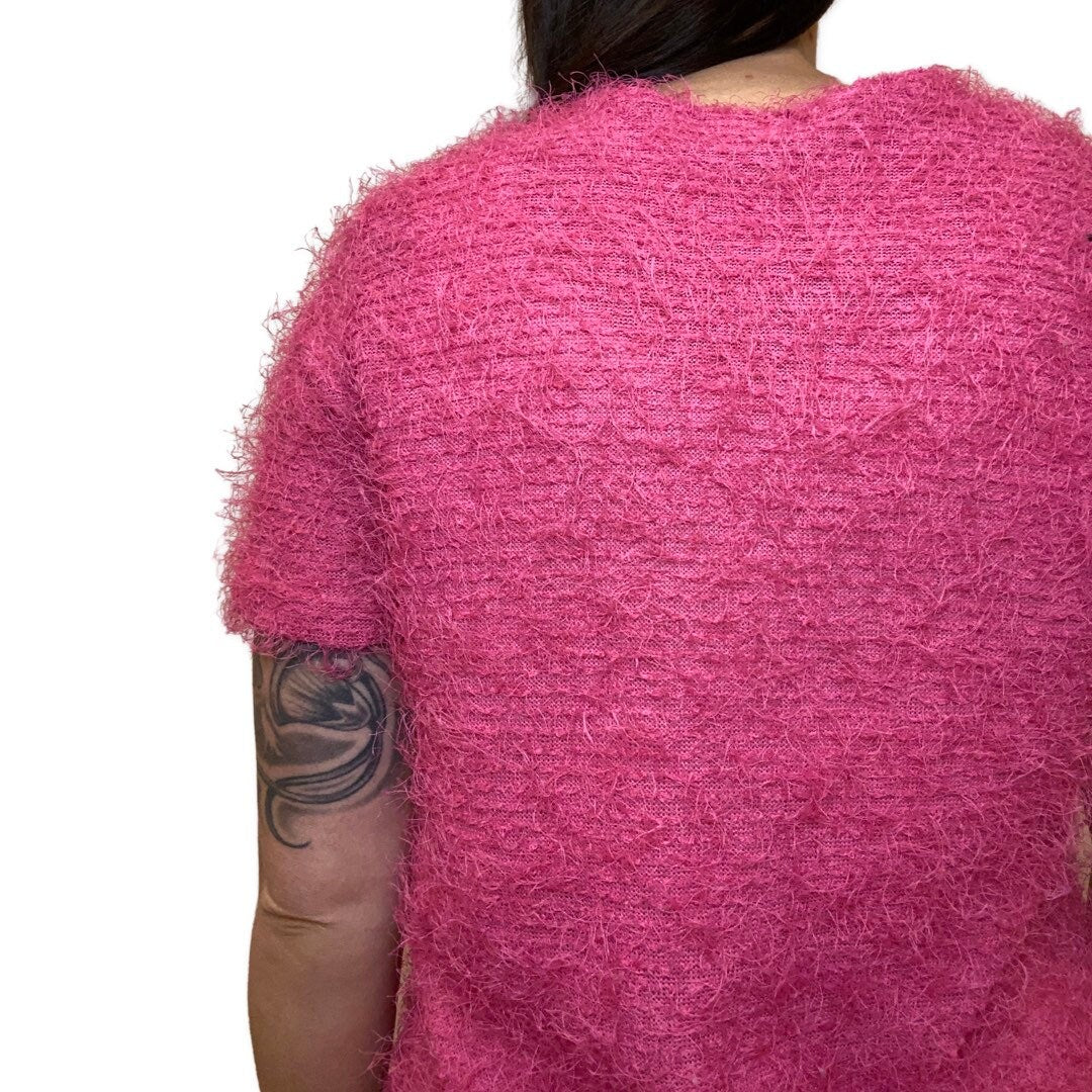 Pink Fuzzy Top, Y2K Button Up Magenta Short Sleeve Cardigan, Fluffy Top, Short Sleeve Sweater, Vintage 90s Club Kid, Grunge, Fuzzy Shirt M-L