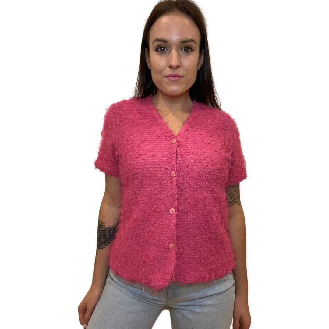 Pink Fuzzy Top, Y2K Button Up Magenta Short Sleeve Cardigan, Fluffy Top, Short Sleeve Sweater, Vintage 90s Club Kid, Grunge, Fuzzy Shirt M-L