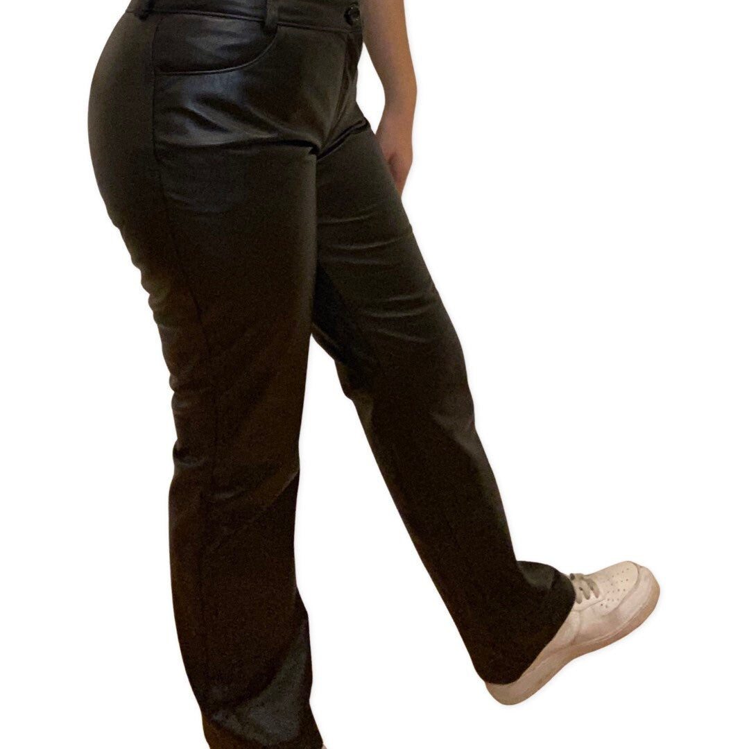 Leather Pants, Y2K, Low Rise Wide Leg Genuine Leather Size Medium, Trousers, Straight Leg Pants, Grunge, Laurence Roy size 12