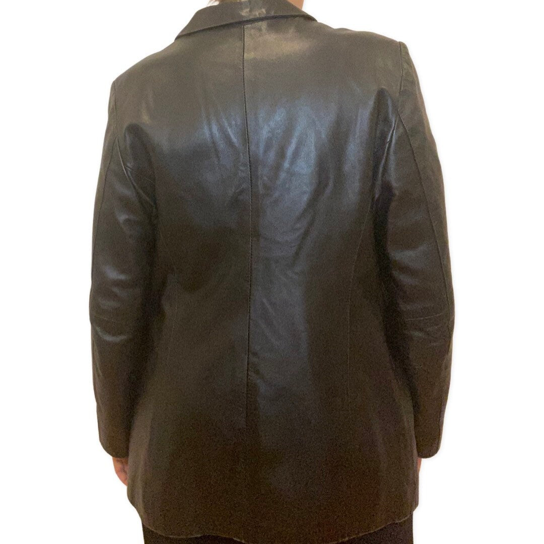 Black Leather Jacket, Y2K, Minimalist Leather Blazer Coat, Mid Length Jacket, Medium, Large, Jackets and Coats, Streetwear, Grunge