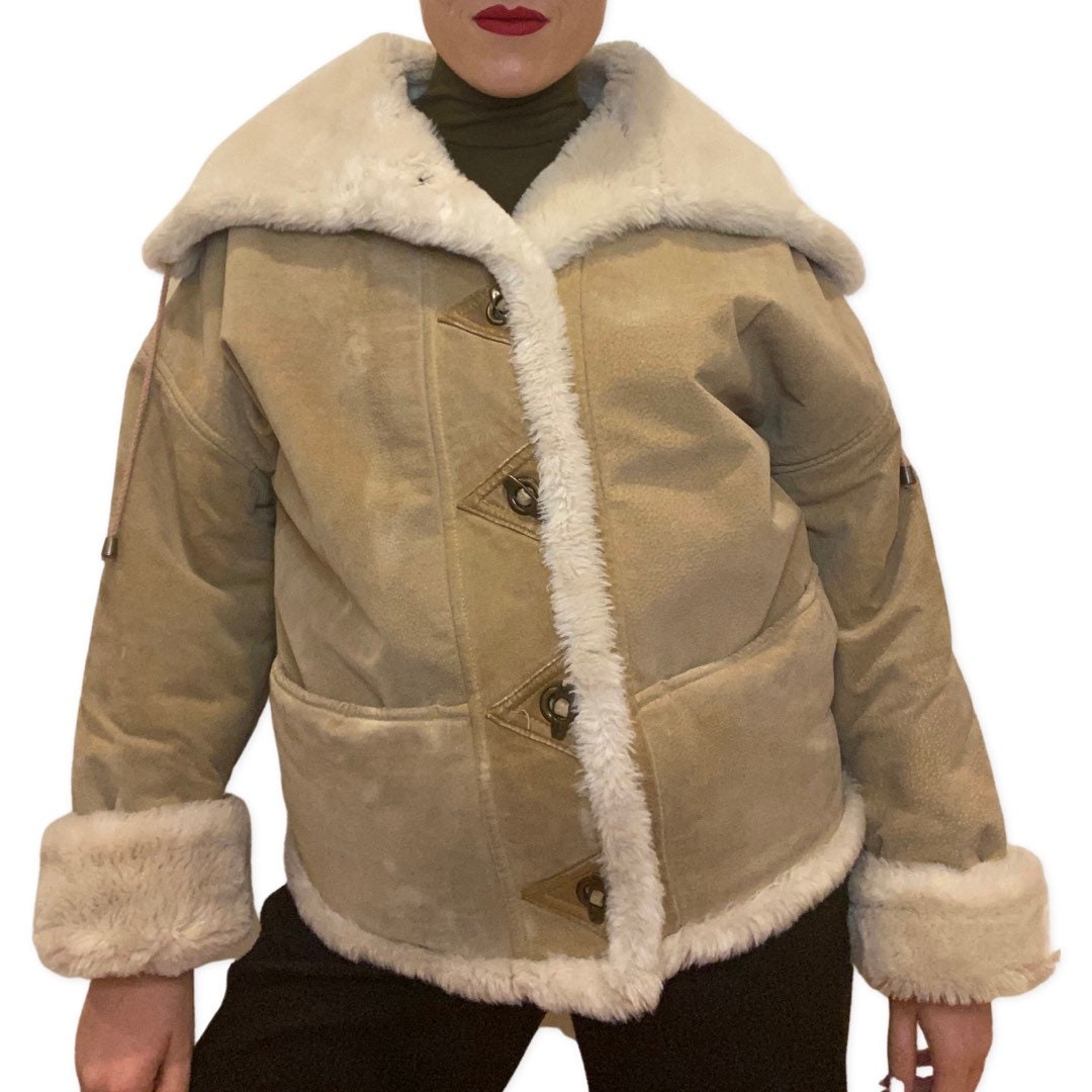 80's Suede Jacket, Beige Authentic Suede Coat with Faux Fur Lining, Size Small, Jackets and Coats, 80s Ski, Nubuck, Tan, Bomber Coat