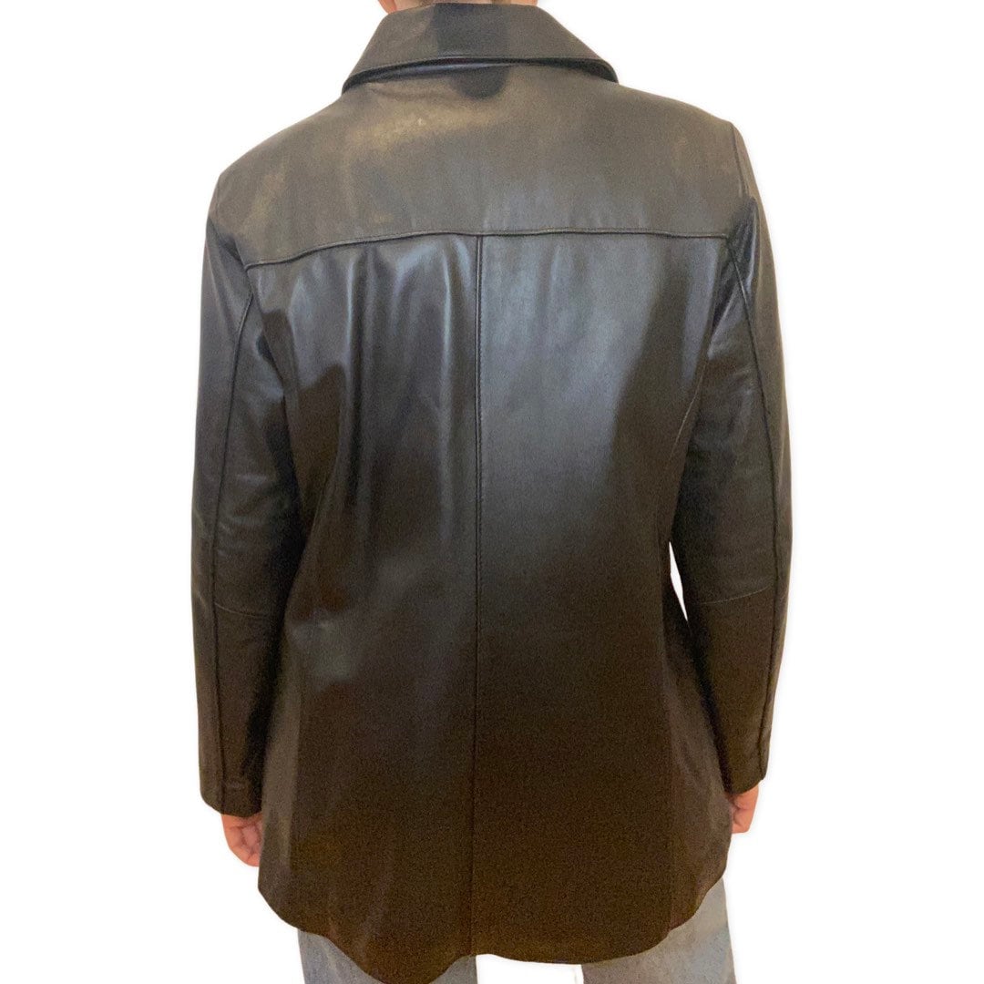 Black Leather Jacket, Y2K, Minimalist Leather Blazer Coat, Mid Length Jacket, Medium, Large, Jackets and Coats, Streetwear, Grunge